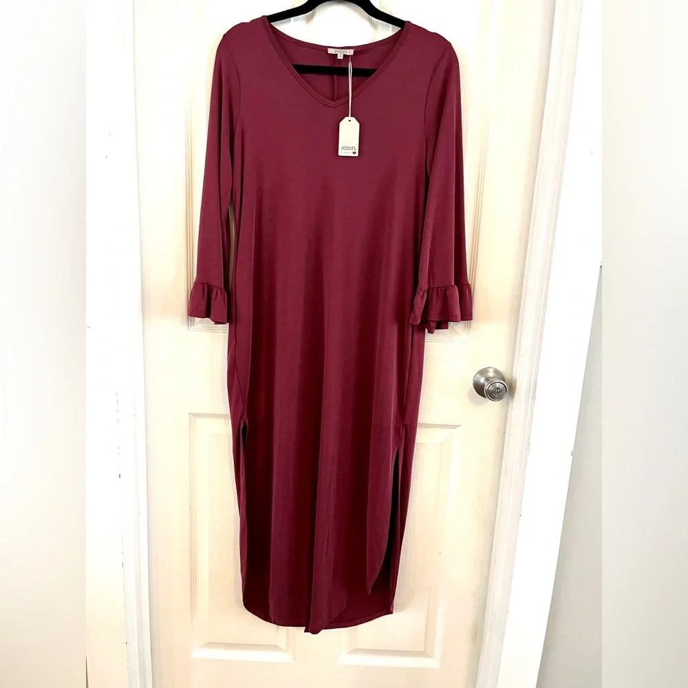 NWT Jodifl Burgundy Long sleeves Dress Boutique Size Small Pockets Midi Casual - Picture 8 of 15